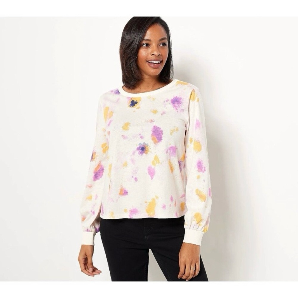 Candace Cameron Bure Pansy Floral Print Long Sleeve Tee Top Size XS NWOT - Picture 7 of 14